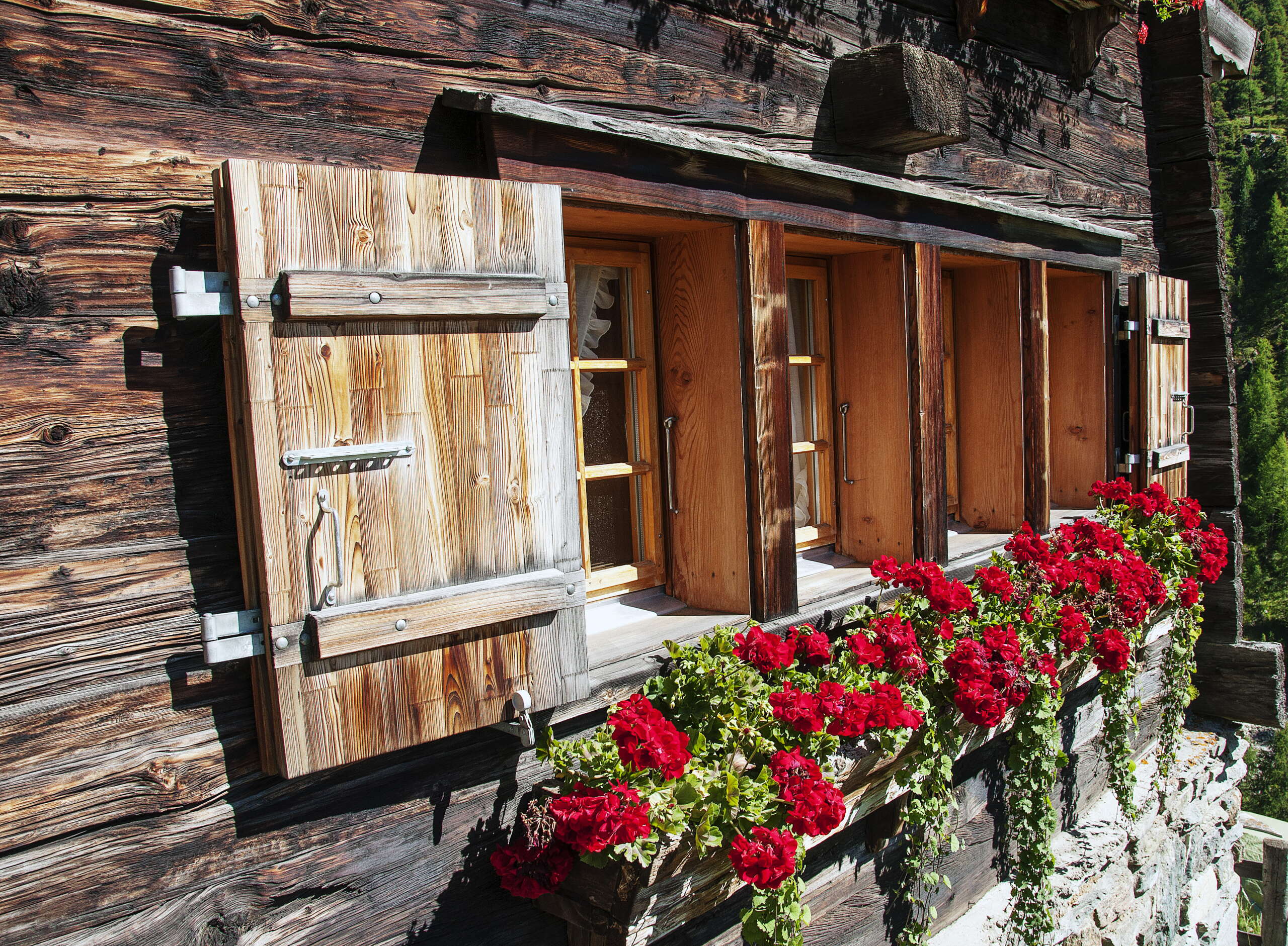 Typisches Fenster mit Blumen in den schweizer Bergen